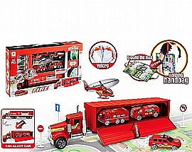 משאית טריילר מכבה אש + כלי רכב 27X22.5X6.5 ס"מ משאית טריילר מכבה אש + כלי רכב 27X22.5X6.5 ס"מ