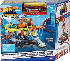 סט מסלול צעצוע עירוני של Hot Wheels ערכת משחק לשטיפת רכב Downtown Express עם רכב סט מסלול צעצוע עירוני של Hot Wheels ערכת משחק לשטיפת רכב Downtown Express עם רכב