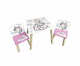 סט שולחן עץ ו-2 כיסאות חד קרן ורוד סט שולחן עץ ו-2 כיסאות חד קרן ורוד